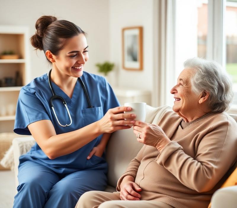 Caregiver handing tea to a smiling elderly woman